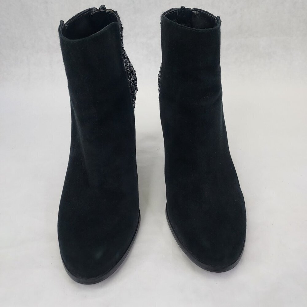 BCBG Milan Stiletto Ankle Booties Women's 9.5B Black Suede Glitter Zip Heel Glam - Picture 2 of 15